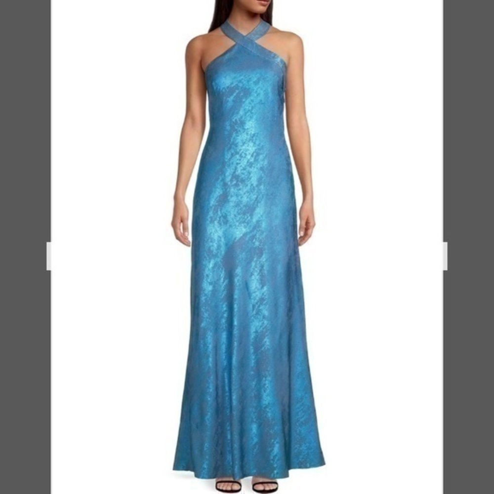 Aidan by Aidan Mattox Halter Sleeveless Foiled Mermaid Gown in Ocean Dream
